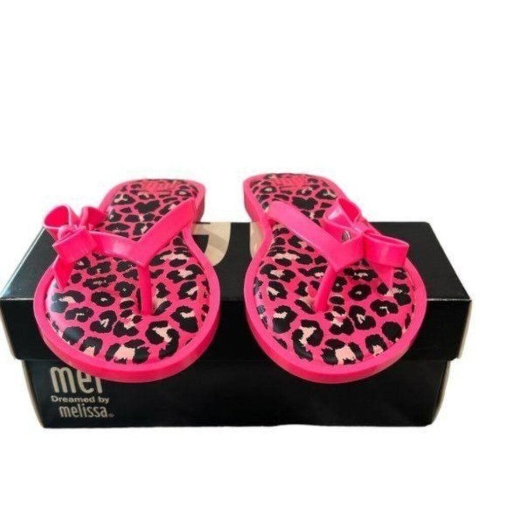 NWT Mel by Melissa Girls Neon Pink Leopard Flip Flops | Size 4